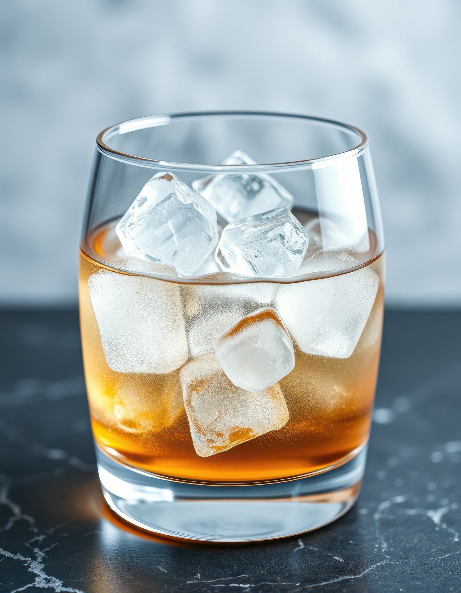 Refreshing whiskey cocktail served on the rocks with ice cubes in a stylish glass